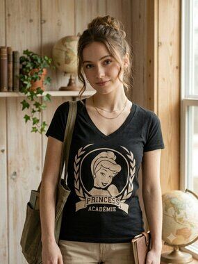 Disney Cinderella Princess Academie Graphic V-Neck Tee Black Size M